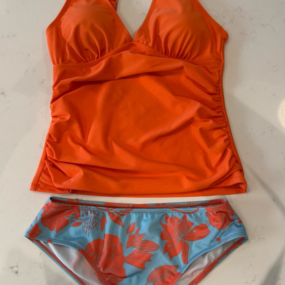 Orange Tankini Top and Floral Bikini Bottom